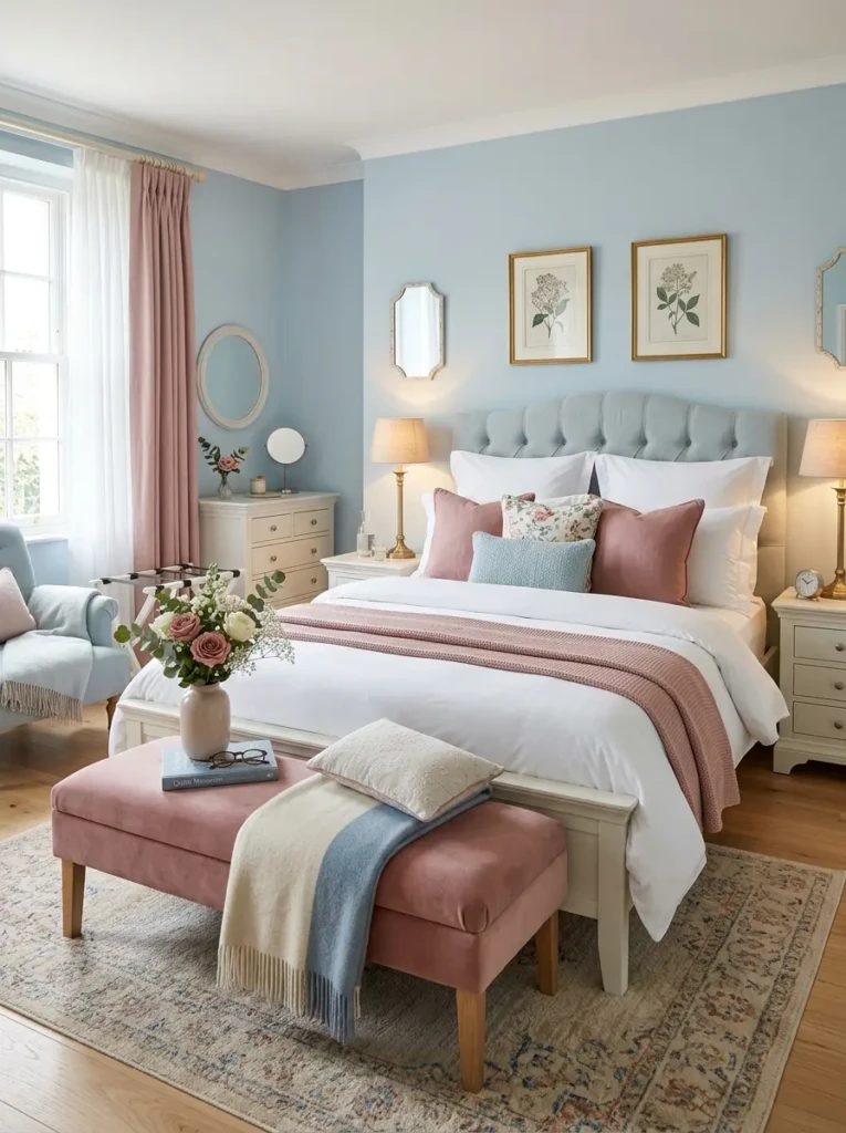 Elegant guest bedroom in soft pastel blue and dusty rose with white sheets and cozy bedside lamp.