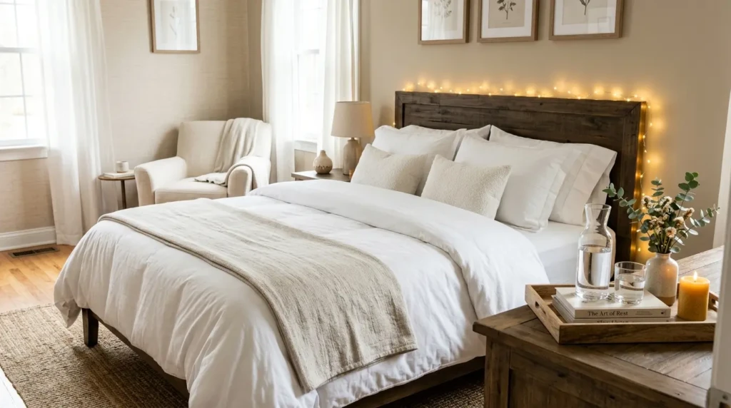 Warm guest bedroom with layered white bedding, folded throw blanket, bedside tray, neutral decor, and soft fairy lights behind the bed.
