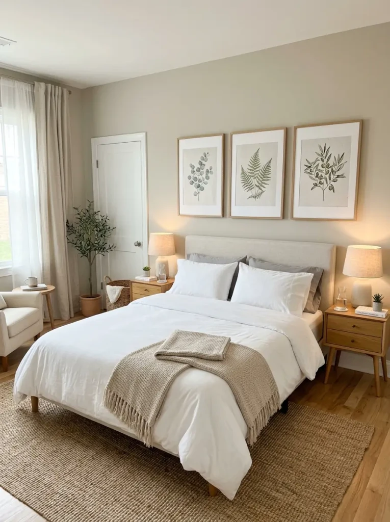 Cozy guest bedroom with matching botanical wall posters, clean bedding, bedside lamps, and welcoming neutral decor.