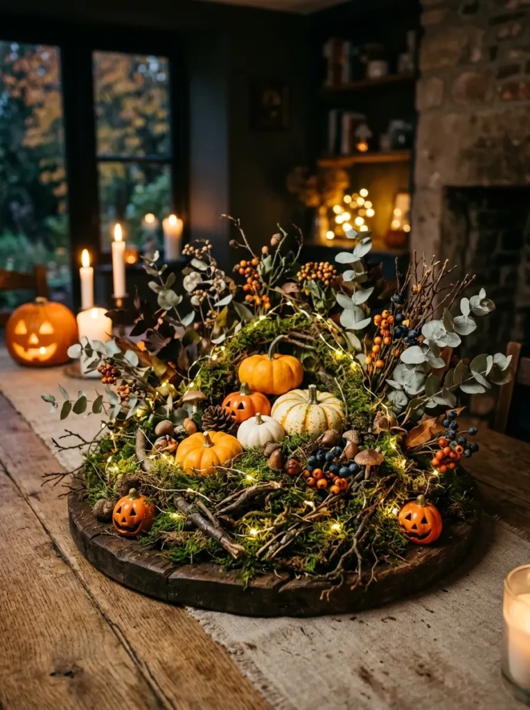 Moss, twigs, pumpkins, and fairy lights arranged to create a magical forest-inspired Halloween centerpiece