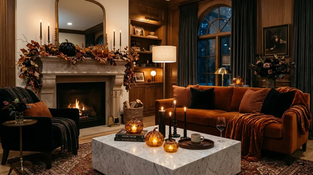 Elegant Halloween living room with marble coffee table, black candles, orange throws, and moody seasonal accents.