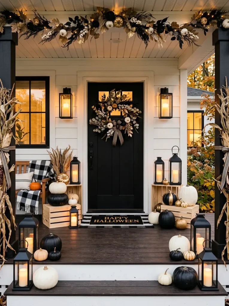 Stylish front porch decorated with pumpkins and lanterns in a coordinated black white and gold color scheme for a polished Halloween look