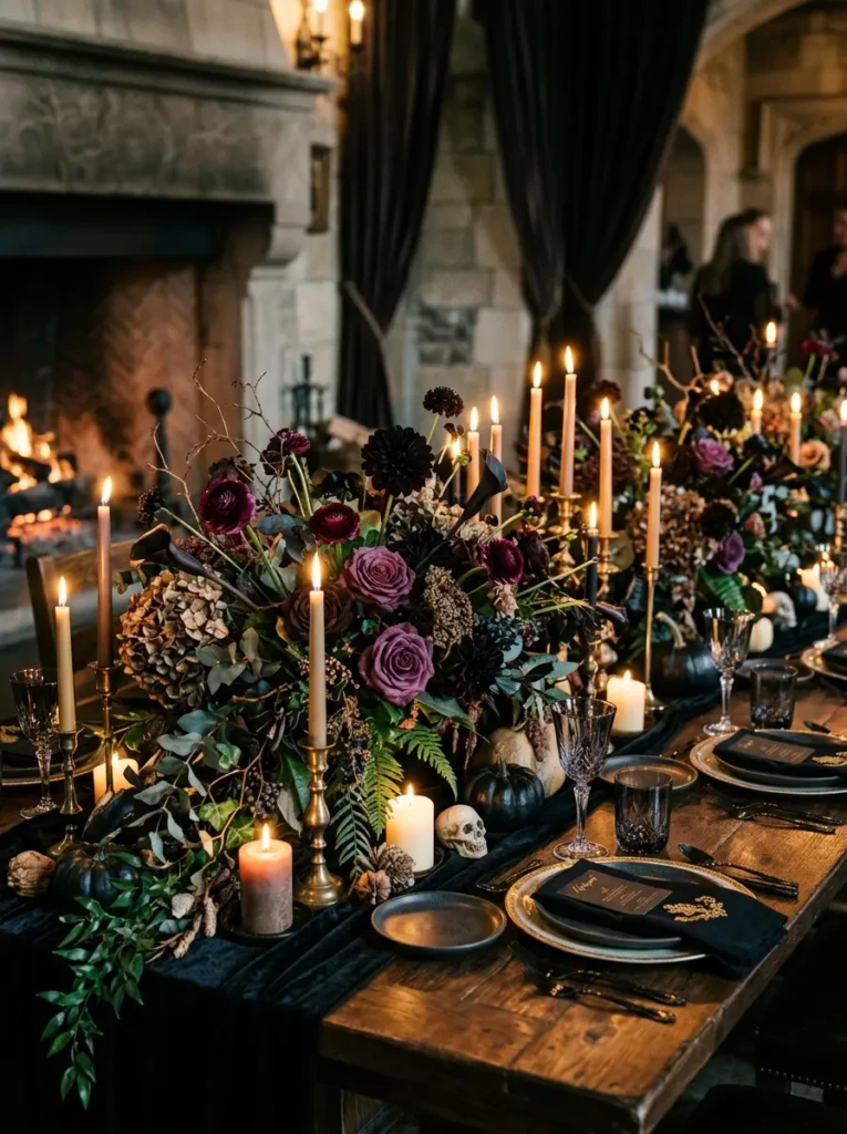A lush table runner with dark flowers and candles creating a dramatic and elegant Halloween centerpiece