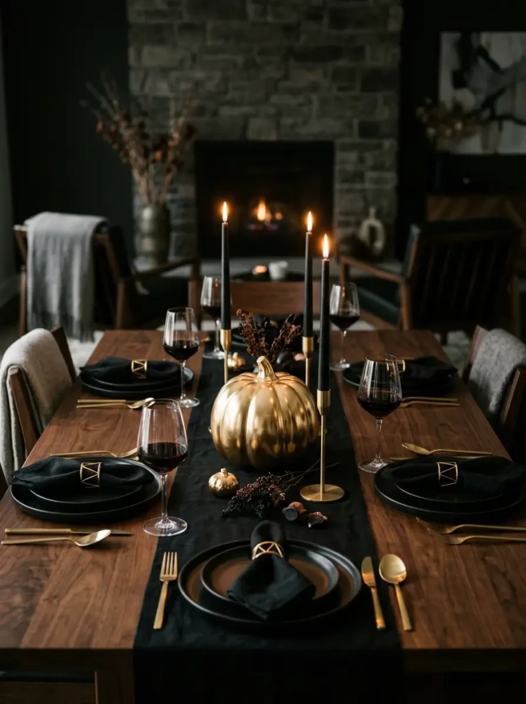 A sleek Halloween table with a gold pumpkin, black candles, and a minimalist black runner design