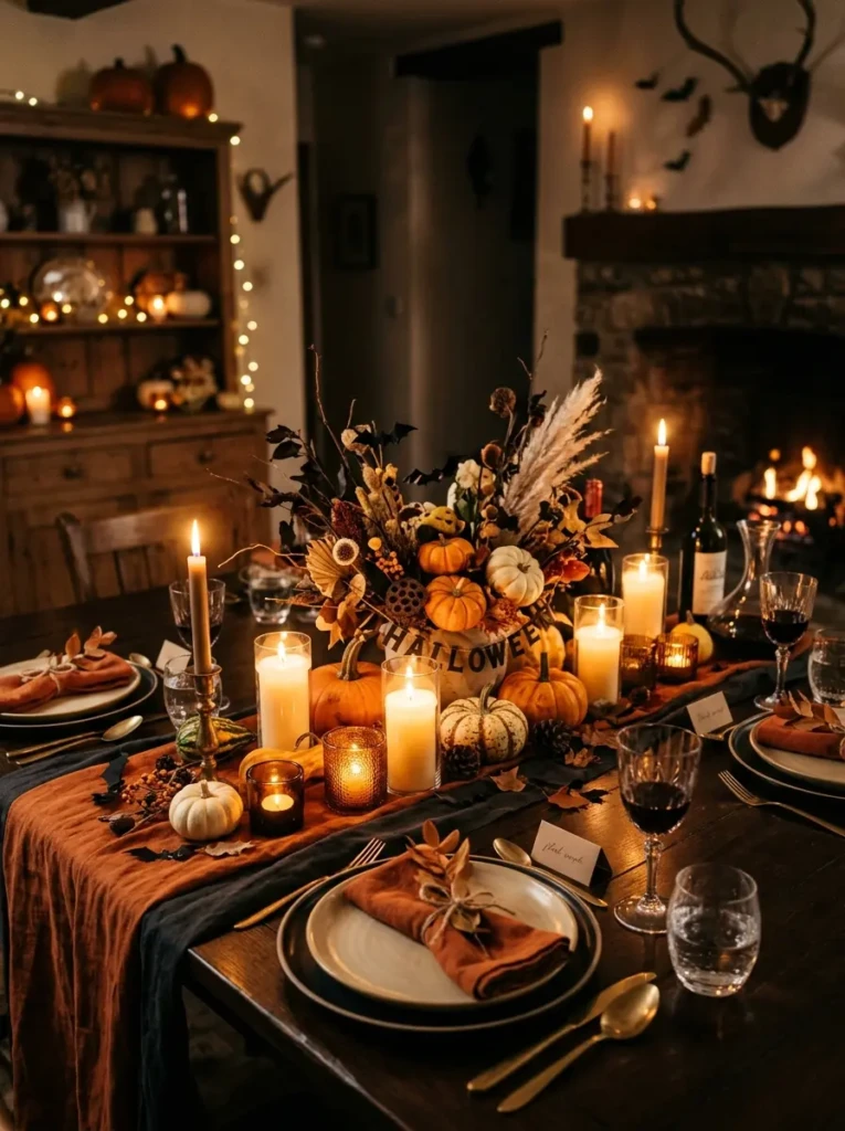 A beautifully styled Halloween table combining candles, pumpkins, and seasonal decor in a warm inviting setting
