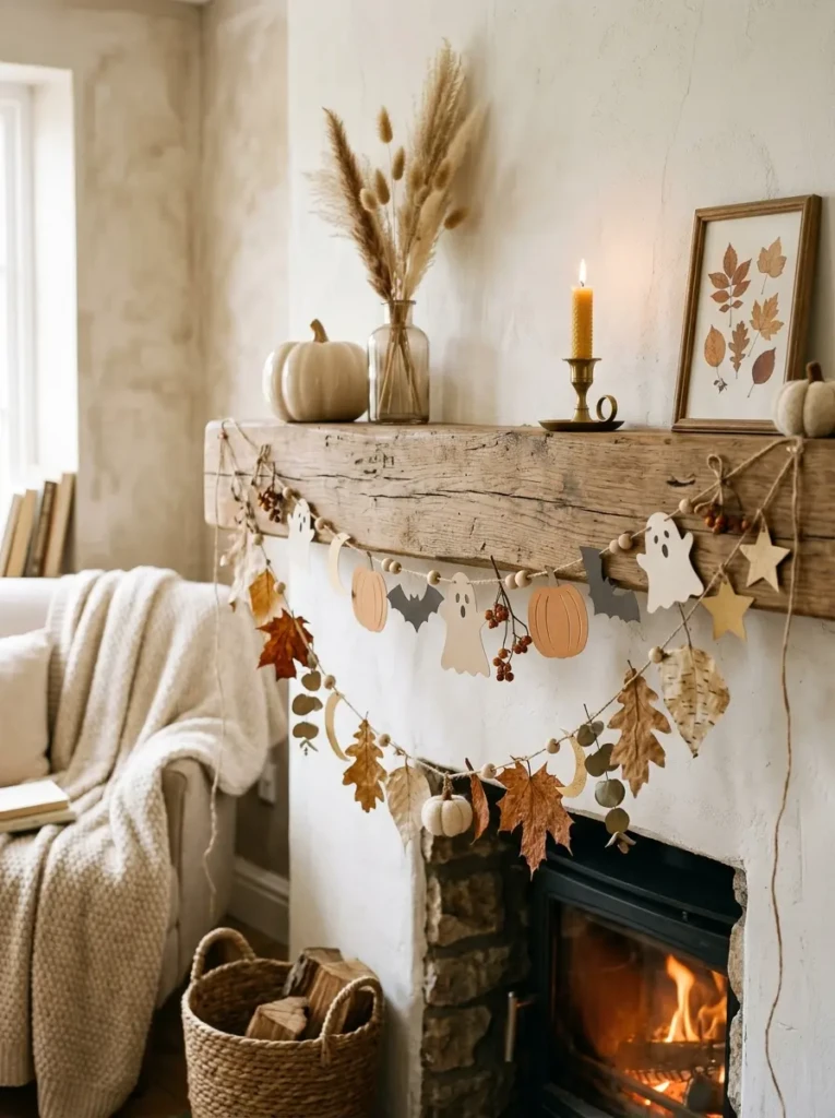 A simple garland made of paper shapes and dried leaves hanging across a wall in soft neutral tones