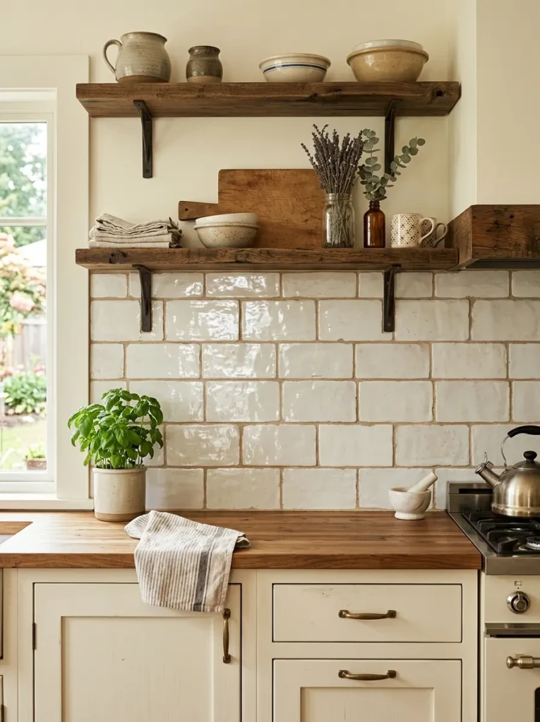 Glossy off-white handmade subway tile backsplash with warm grout in a small farmhouse kitchen.