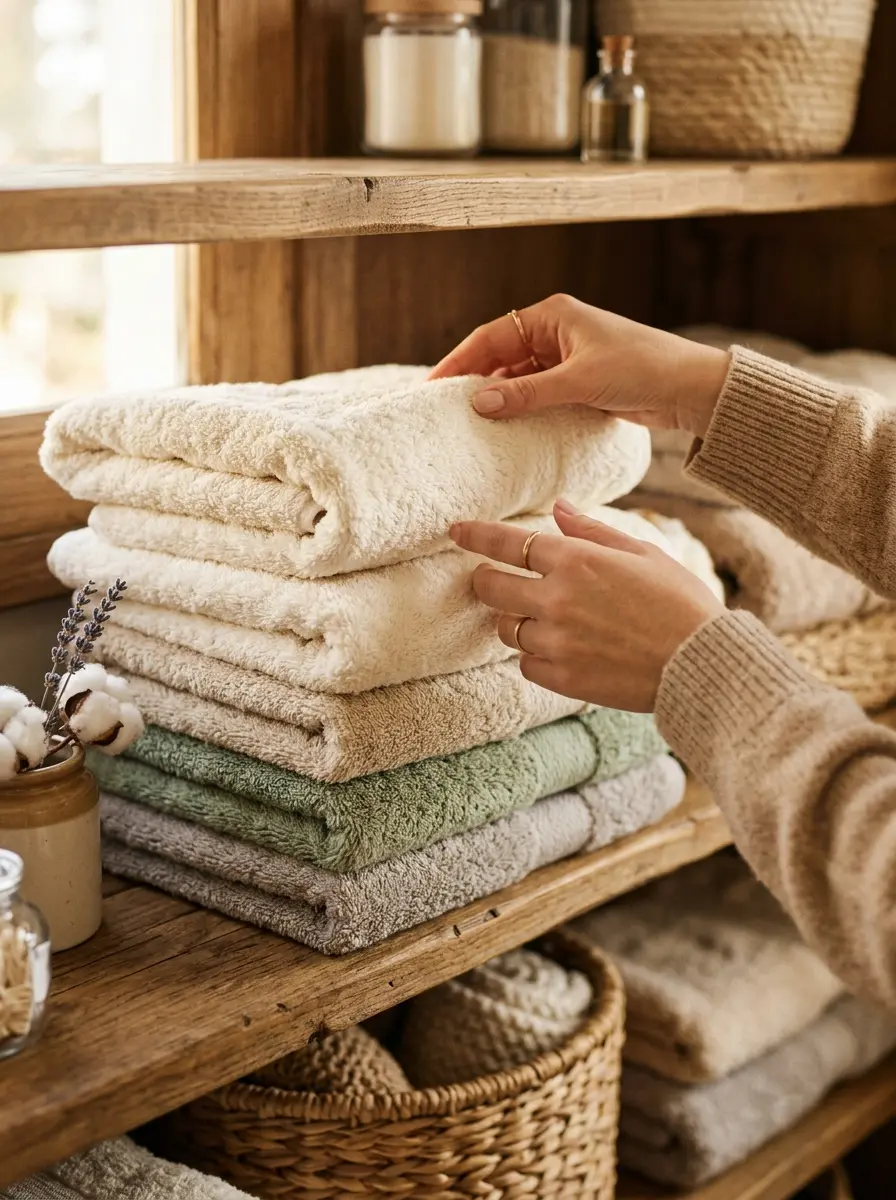 Hands gently arranging fluffy towels on a shelf in a warm, inviting bathroom setting.