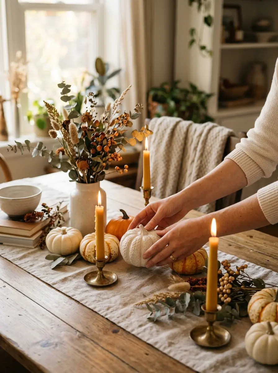 Hands arranging pumpkins and candles on a table for Thanksgiving decorating, natural textures and soft sunlight