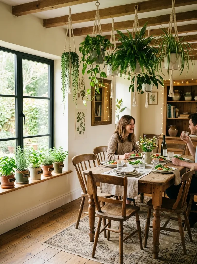 A cozy dining room with hanging plants and small herb pots adding natural vibrancy.