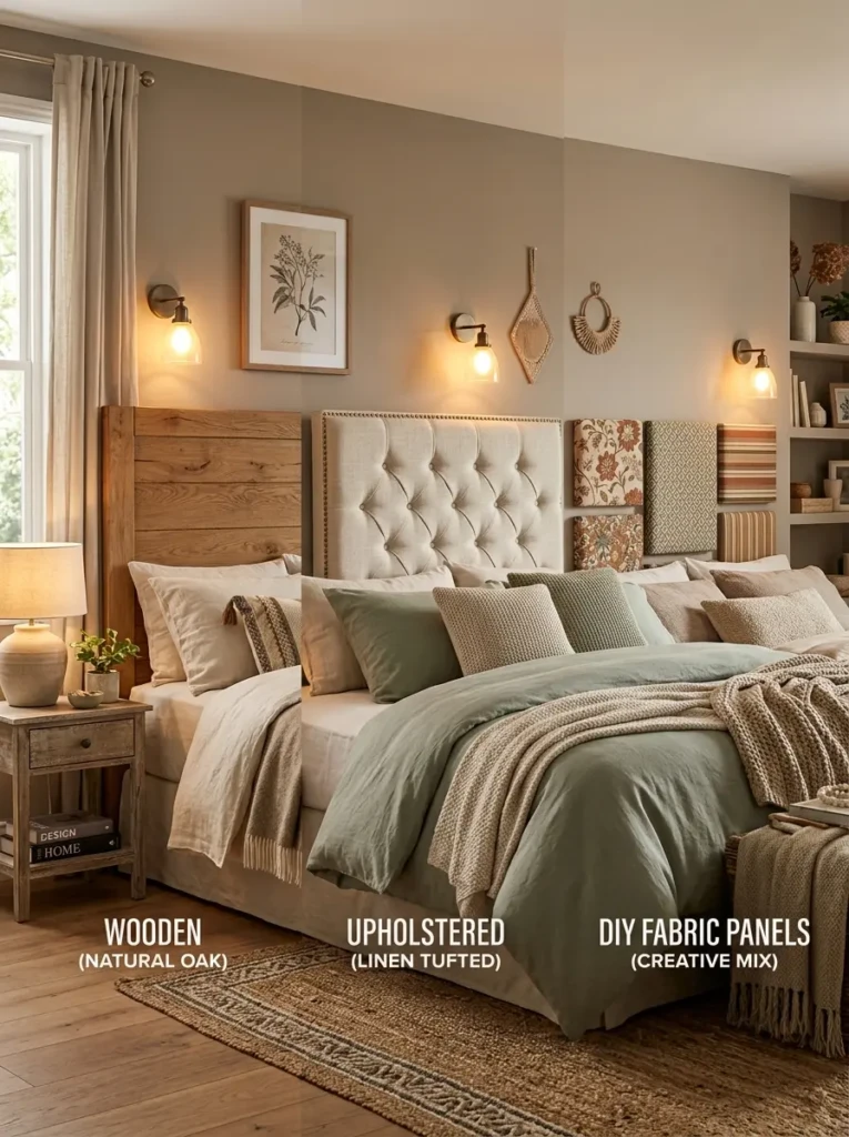 A collection of bedroom headboards including wooden, upholstered, and fabric panel styles in warm lighting.