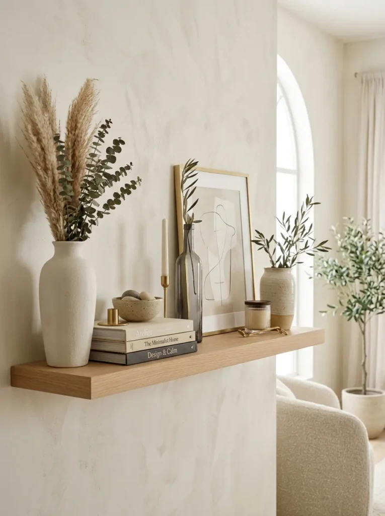 A floating shelf with alternating tall and low decor elements creating airy visual flow.
