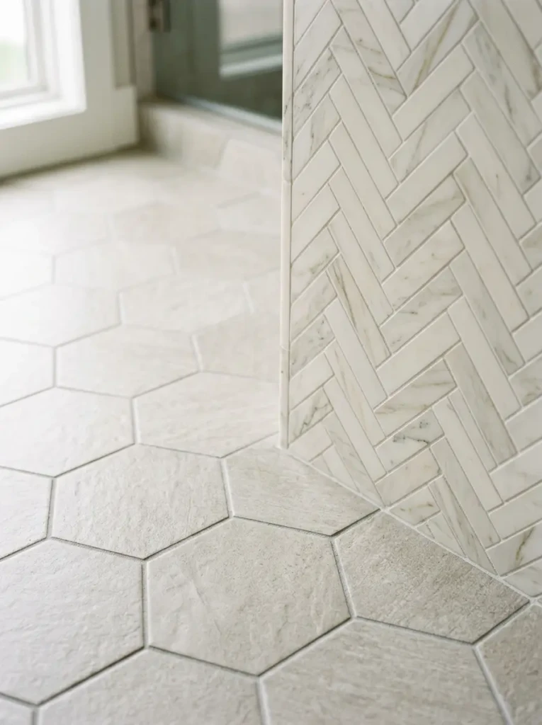 Close-up of neutral herringbone and hexagon tile patterns with elegant design.
