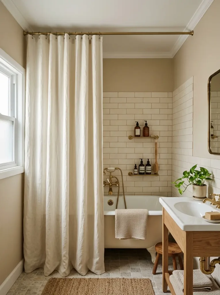 Ivory linen shower curtain hung high to create elegant height in a small neutral bathroom.