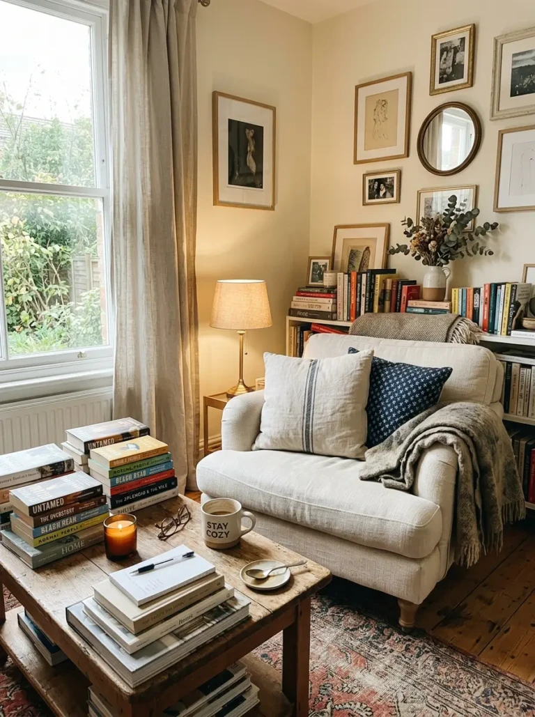 Charming home corner with books, pillows, and a slightly messy coffee table styled in a warm and authentic Nancy Meyers interior look