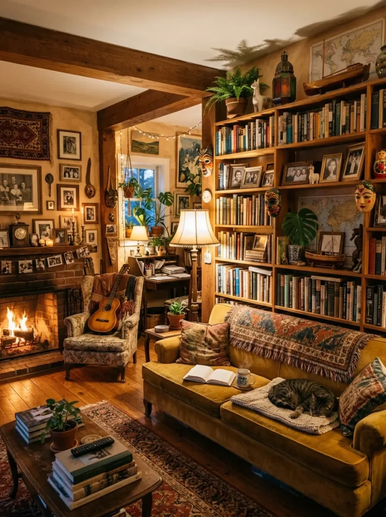 Cozy home filled with books, heirlooms, and travel pieces creating a lived-in and emotionally rich environment