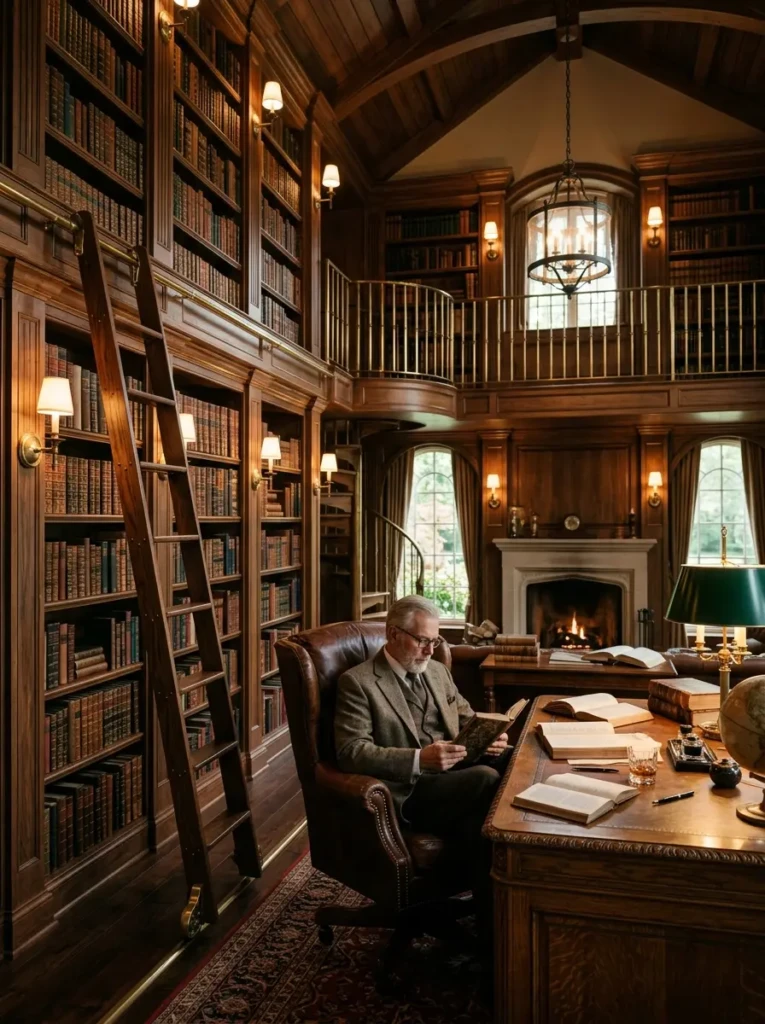 Tall wooden study bookshelves with ladder, leather chair, and layered lighting.