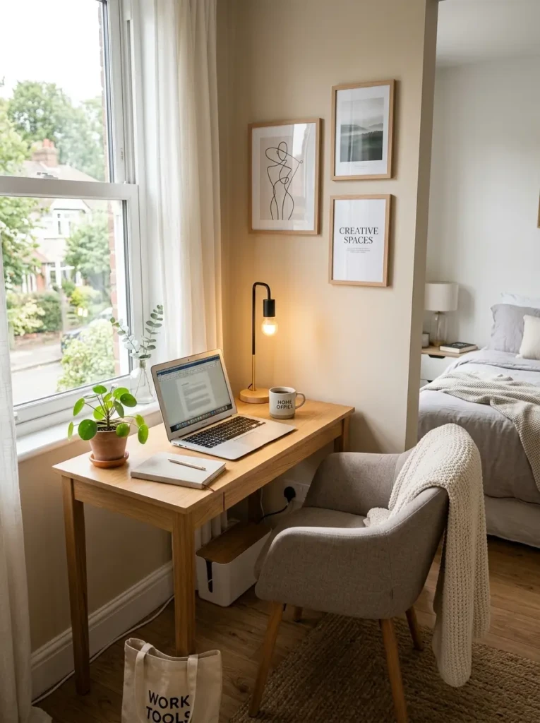 Minimal bedroom office corner with slim desk, chair, lamp, and window light showing small home office ideas bedrooms.