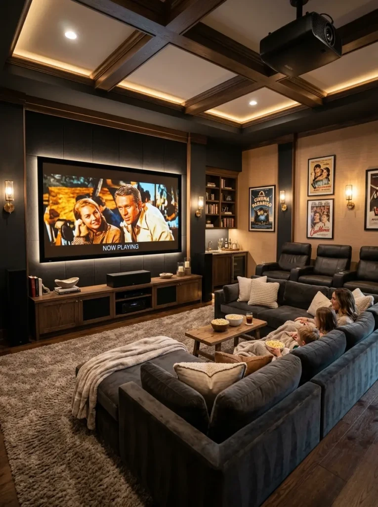 Stylish aesthetic home theater room blending family comfort, designer décor, soft carpet, and cinematic screen.