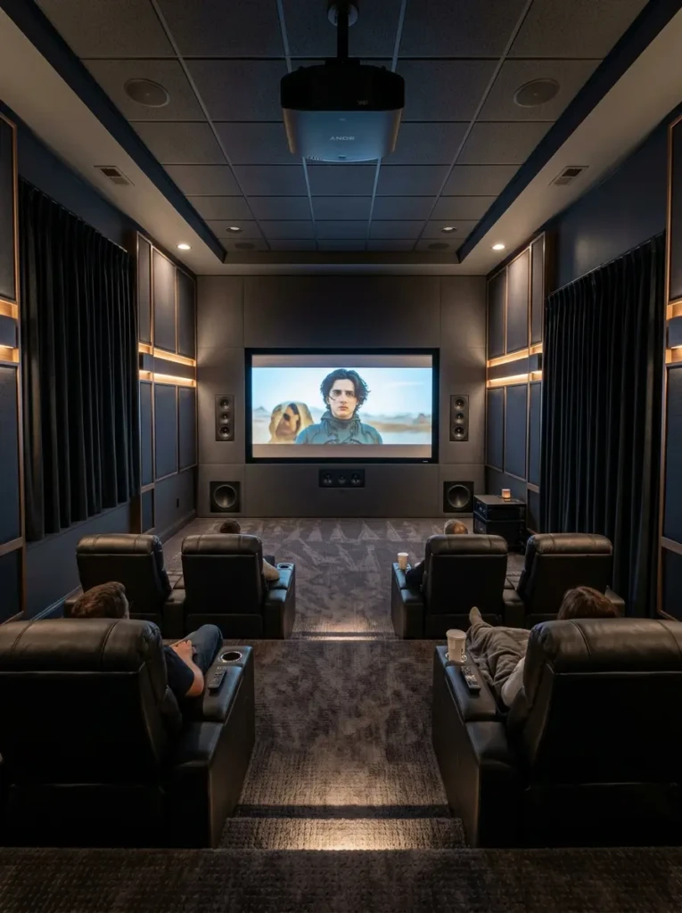 Dedicated home theater room design with projector screen, symmetrical seating, blackout curtains, and acoustic wall panels.