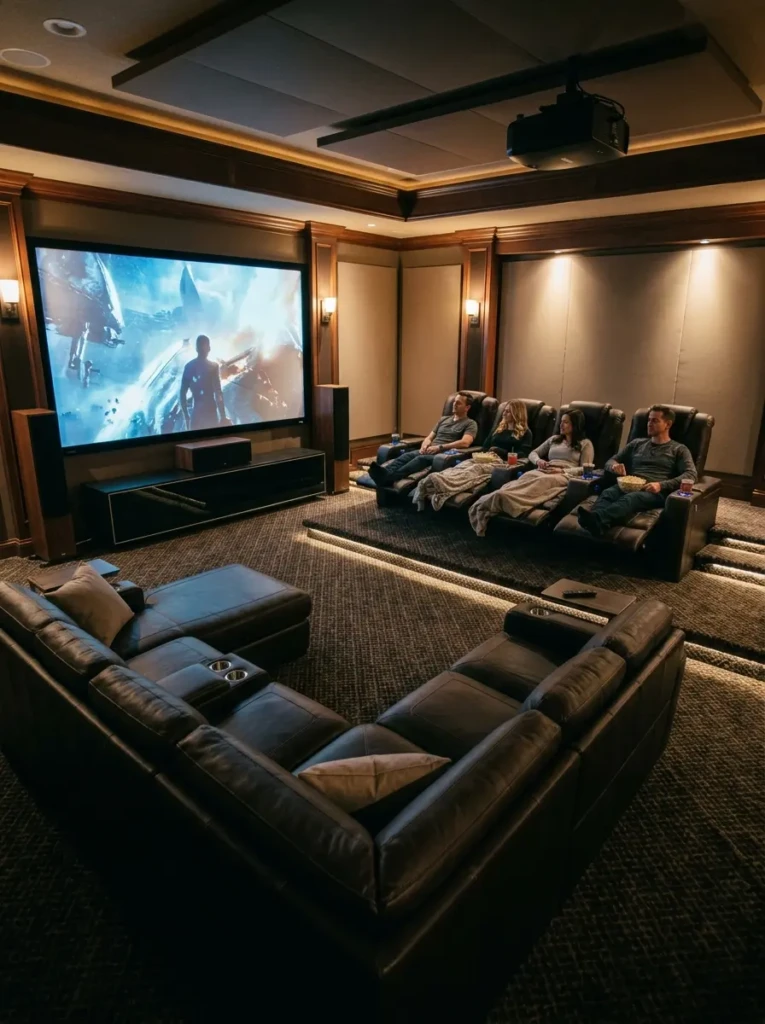Premium home theater seating arrangement with leather recliners, sectional sofa, and riser platform facing a giant screen.