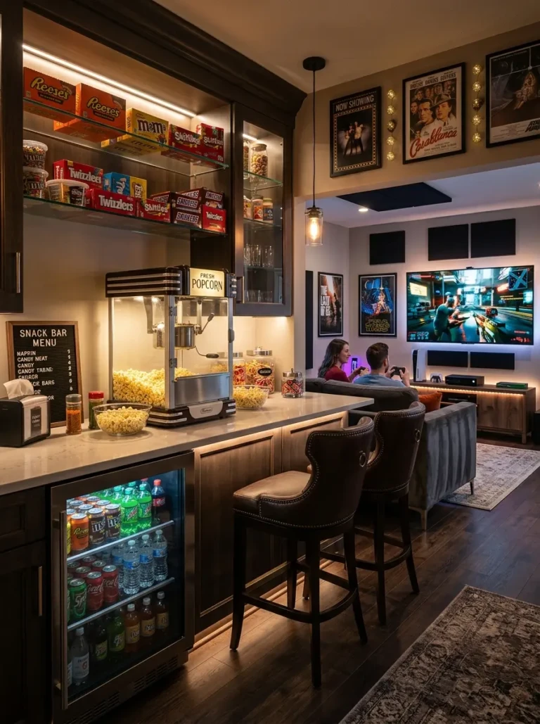 Luxury home theater snack bar with popcorn machine, candy shelves, mini fridge, and nearby gaming lounge.