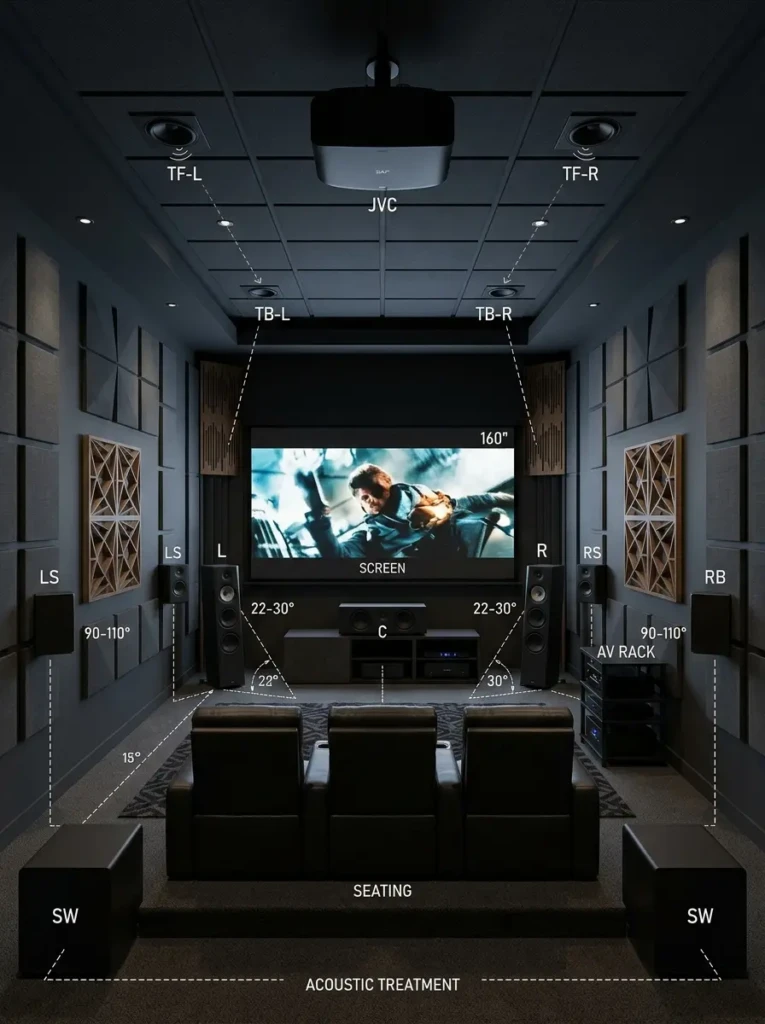 Home theater audio setup with surround sound speakers, subwoofer placement, and acoustic treatment panels.