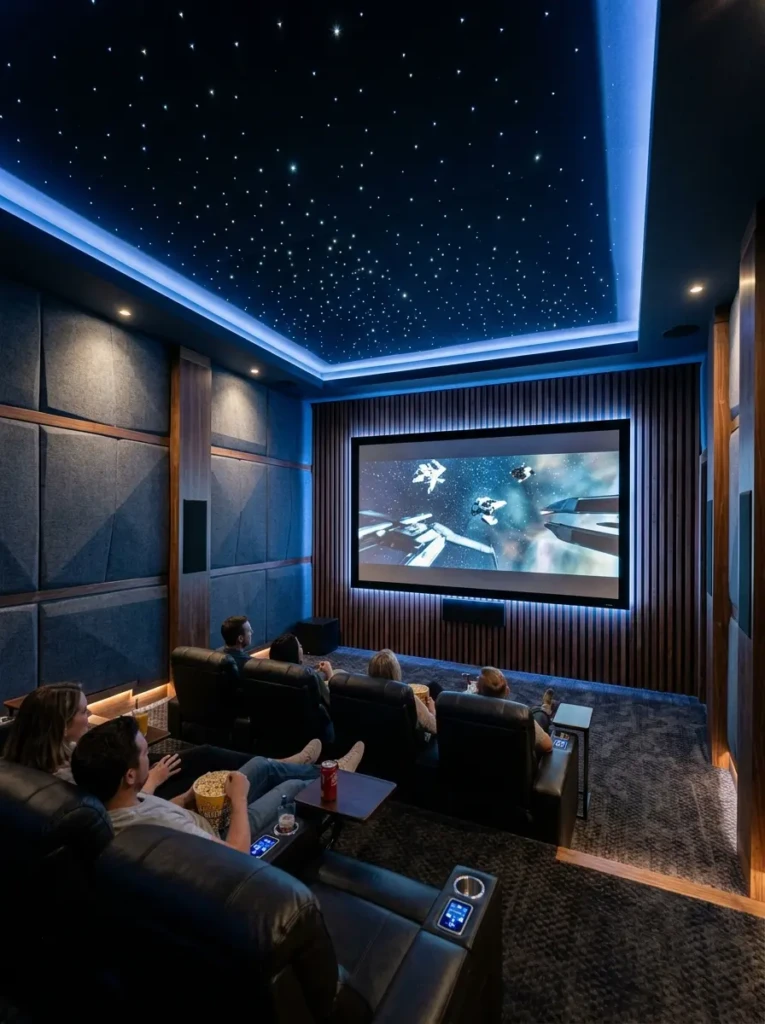 Elegant home theater with LED lighting, star ceiling, acoustic wall panels, and decorative wood slat wall design.