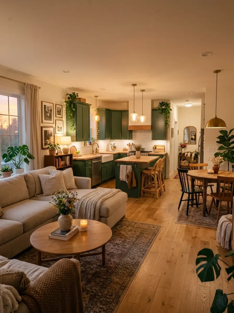 Fully designed small kitchen living room open concept with cozy decor and cohesive styling.