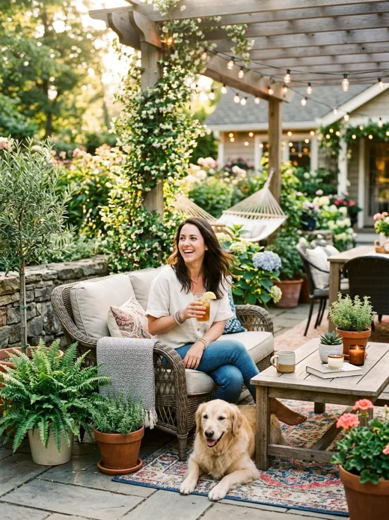 Person enjoying a cozy patio with personalized decor and warm natural lighting in a peaceful setting