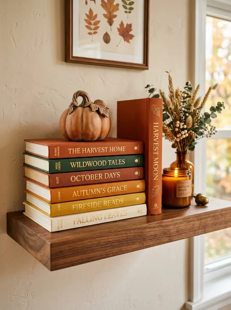 Horizontal and vertical autumn book arrangement with a sculptural pumpkin accent on a polished shelf.