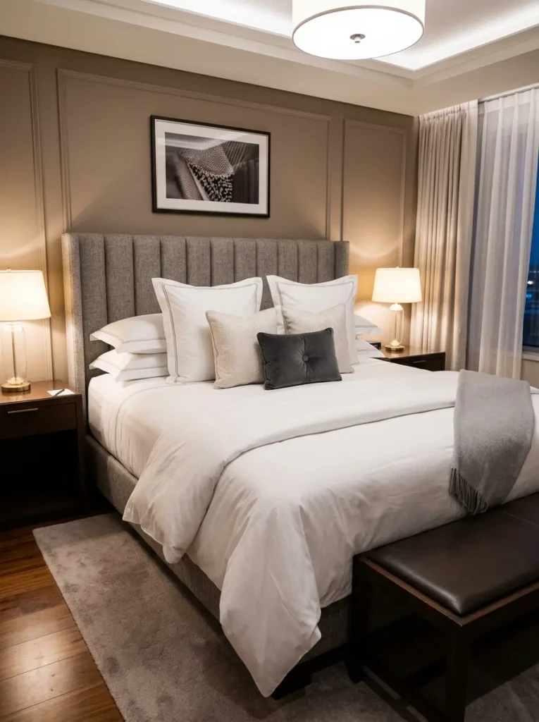 A perfectly styled bed with fluffy duvet, crisp white sheets, and multiple pillows in a luxury setting