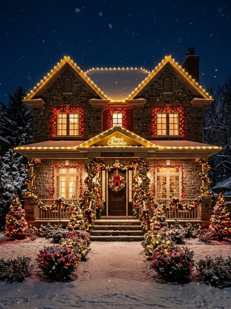 House decorated with coordinated red and gold outdoor Christmas lights creating a festive look