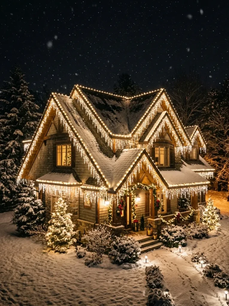 House decorated with layered outdoor Christmas lights combining icicle and string lights for depth