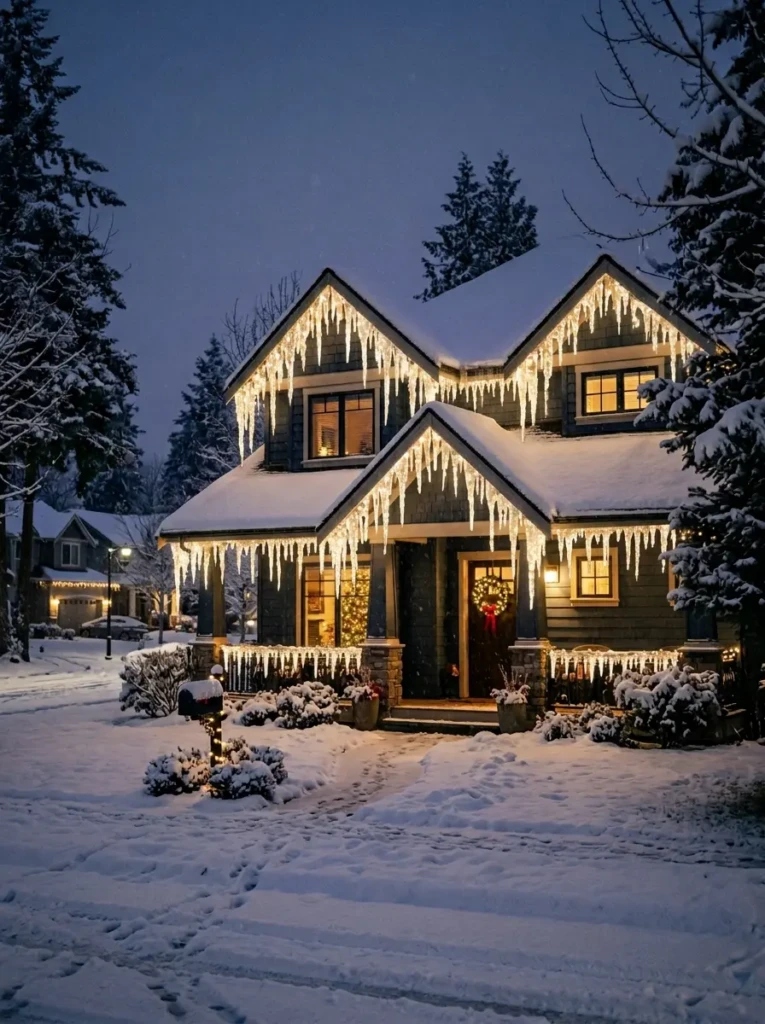 House roof decorated with icicle-style outdoor Christmas lights hanging down like glowing winter drips