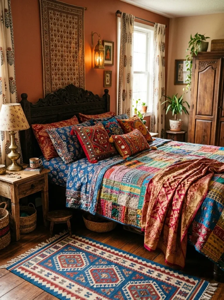 Bedroom styled with kantha quilt, embroidered cushions, block-print bedsheets, and a handwoven rug in Indian patterns.