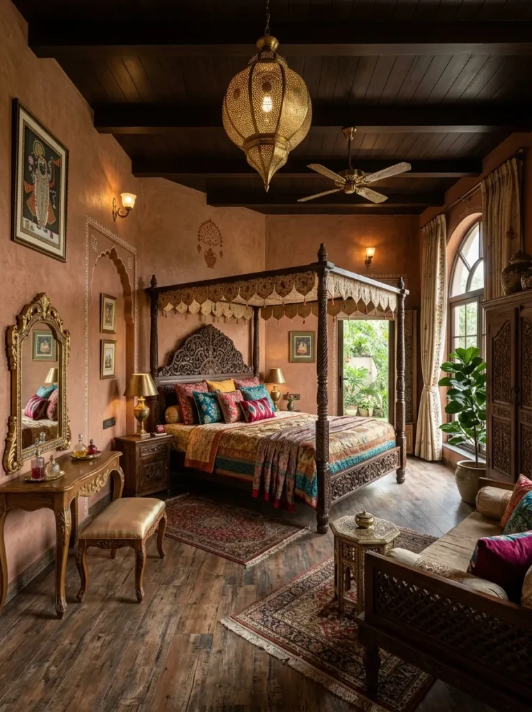 Wide-angle Indian bedroom featuring carved wood furniture, earthy walls, layered fabrics, elegant vanity, and warm lighting.