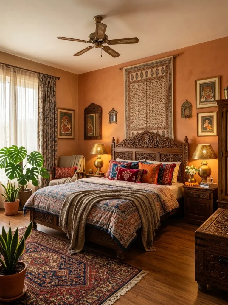 A warm Indian-style bedroom with carved wooden bed, ethnic cushions, brass lamps, earthy walls, and soft ambient lighting.