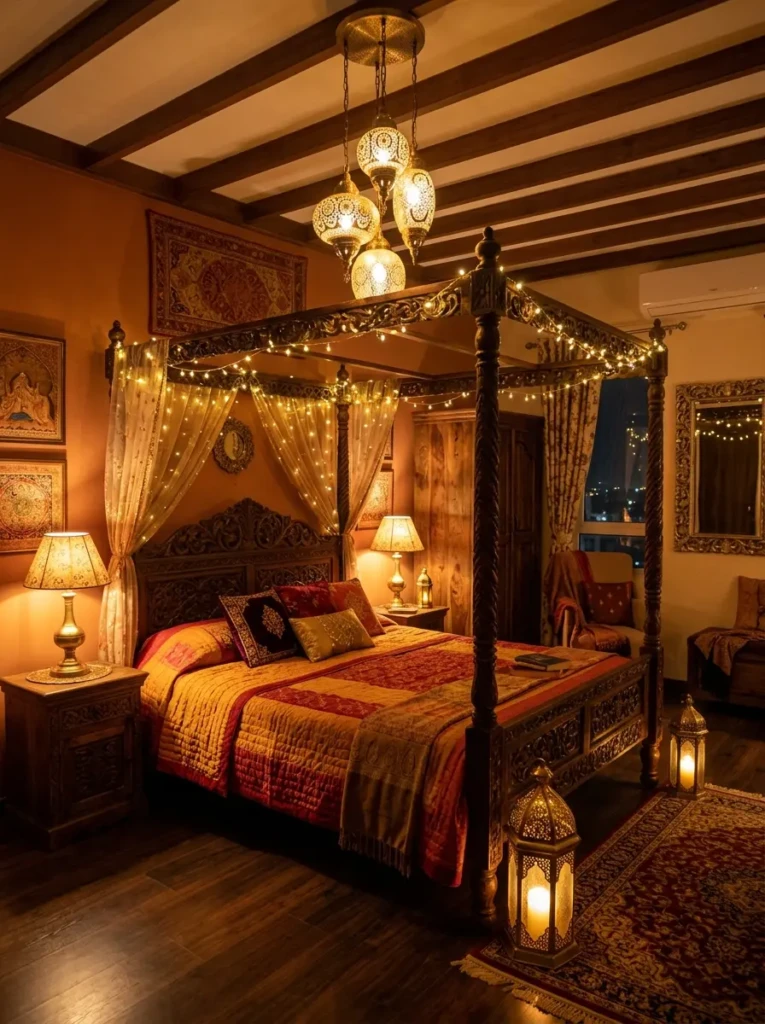 Indian bedroom illuminated with pendant lights, bedside lamps, fairy lights, and warm yellow ambient lighting.