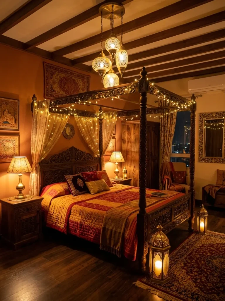 Indian bedroom illuminated with pendant lights, bedside lamps, fairy lights, and warm yellow ambient lighting.