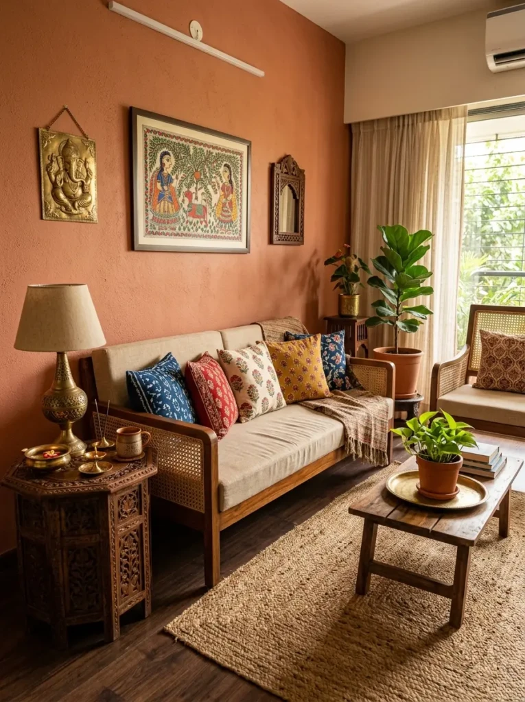 A compact Indian-style living room with carved wood furniture, brass accents, jute rug, and block print cushions.