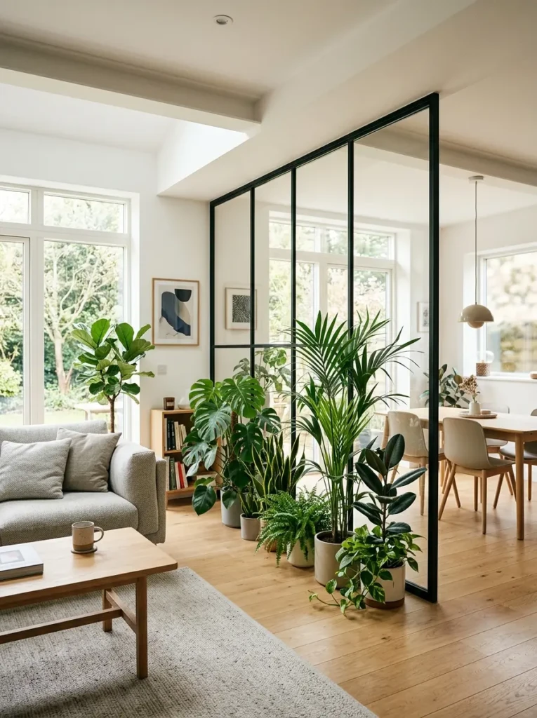 Indoor plants and glass partition subtly dividing open concept kitchen and living area.