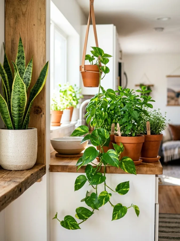 Snake plant, pothos, and herbs styled in small open concept space for a vibrant natural touch.