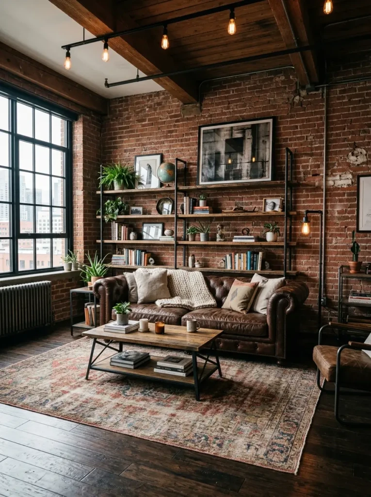 Distressed rug softening exposed brick walls and metal furniture in an industrial living room.
