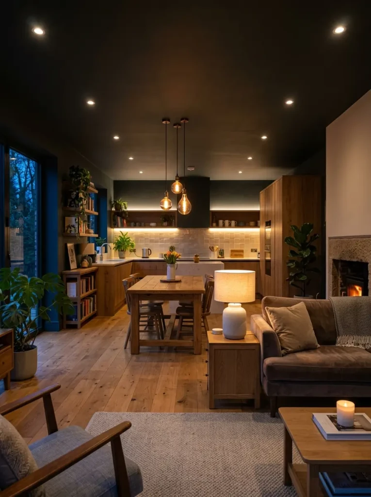 Combination of ceiling lights, task lighting, and ambient lamps creating a warm and inviting open space.