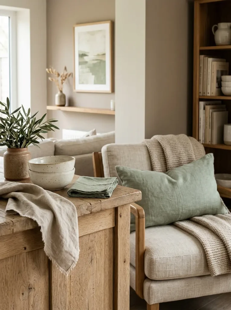 Close-up of linen cushions, wooden textures, and soft color accents blending kitchen and living room design.