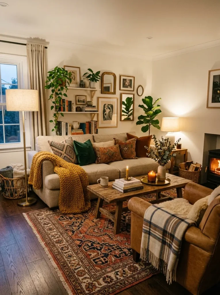 Room featuring rugs, cushions, throws, and balanced decor layers