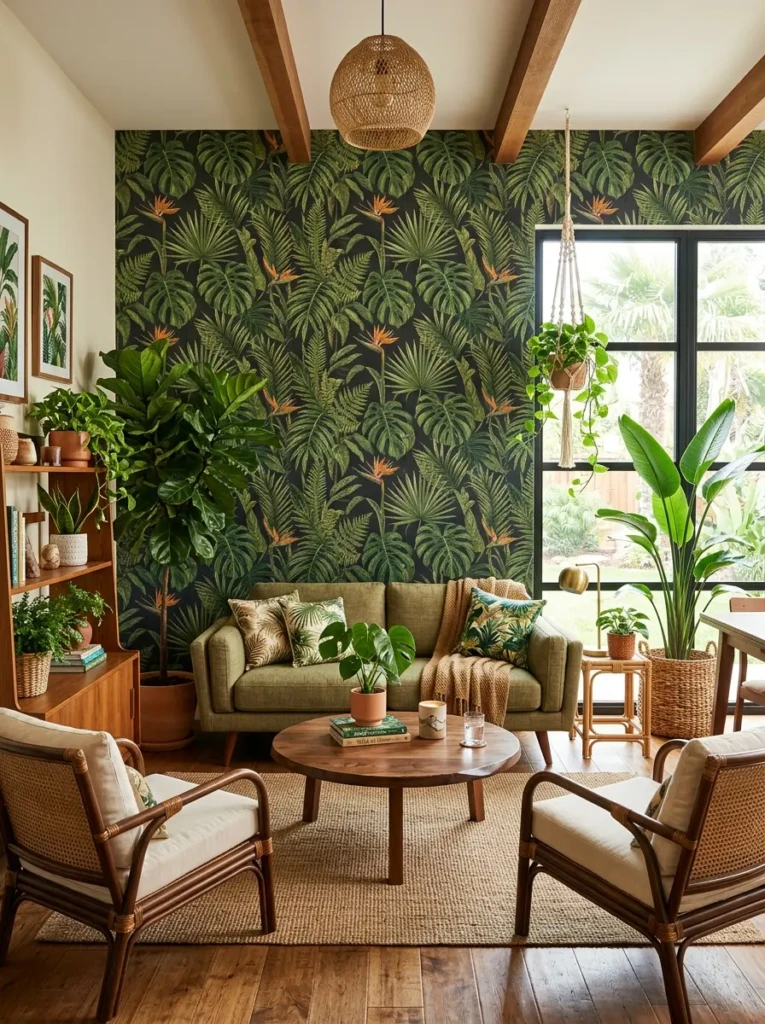 Bedroom with tropical wallpaper, indoor plants, and green accents creating a fresh lively vibe
