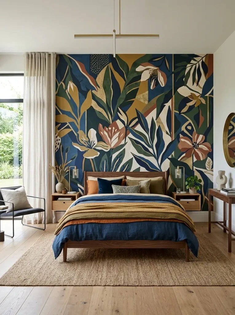 Minimal bedroom design highlighting a bold mural wallpaper accent wall