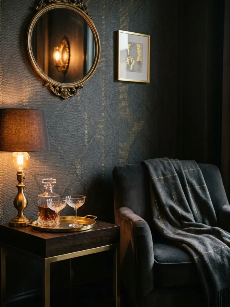 Charcoal wallpaper accent wall with gold decor and soft lighting creating a luxurious feel